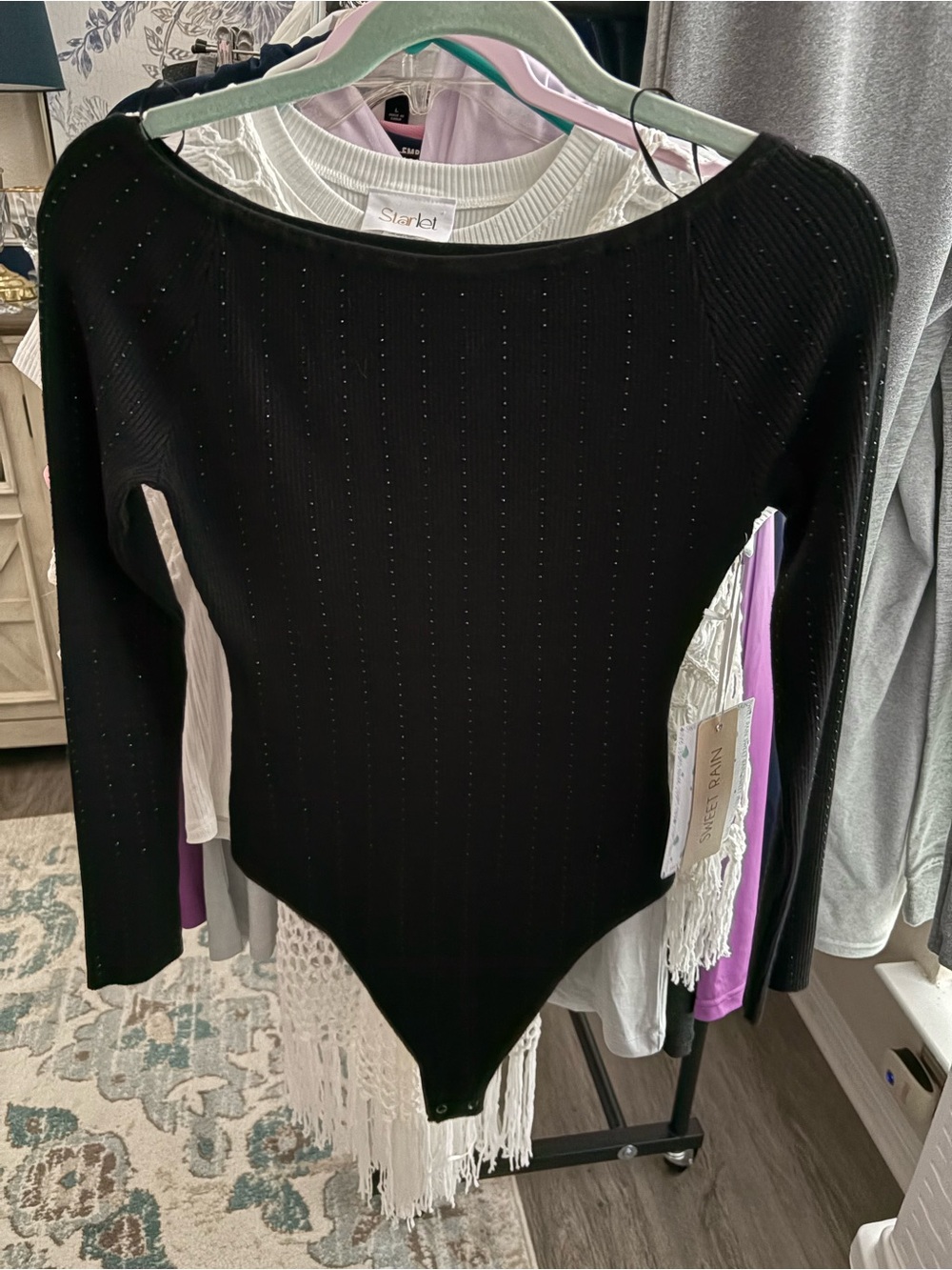 Sweet Rain Black Long-Sleeve Ribbed Scoop-Neck Bodysuit